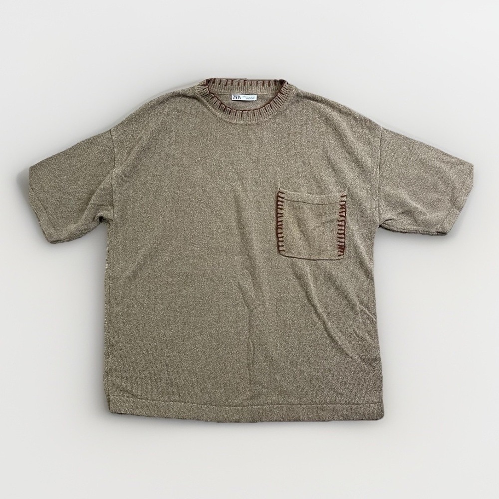 Vintage Sarah Men's Knit Sweater Top Size M Beige Whipstitch Pocket Y2K